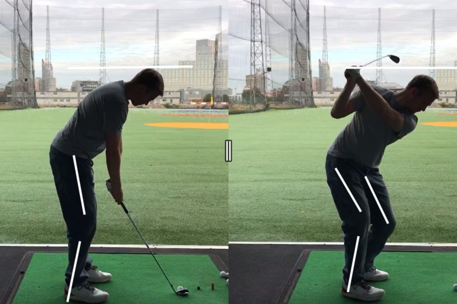 Two moments of a swing at Greenwich Peninsula, with alignment lines on the video